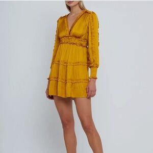 OPT ONE PRETTY TIME Tianna Gold Pleated Ruffle Tiered Silky Mini Dress